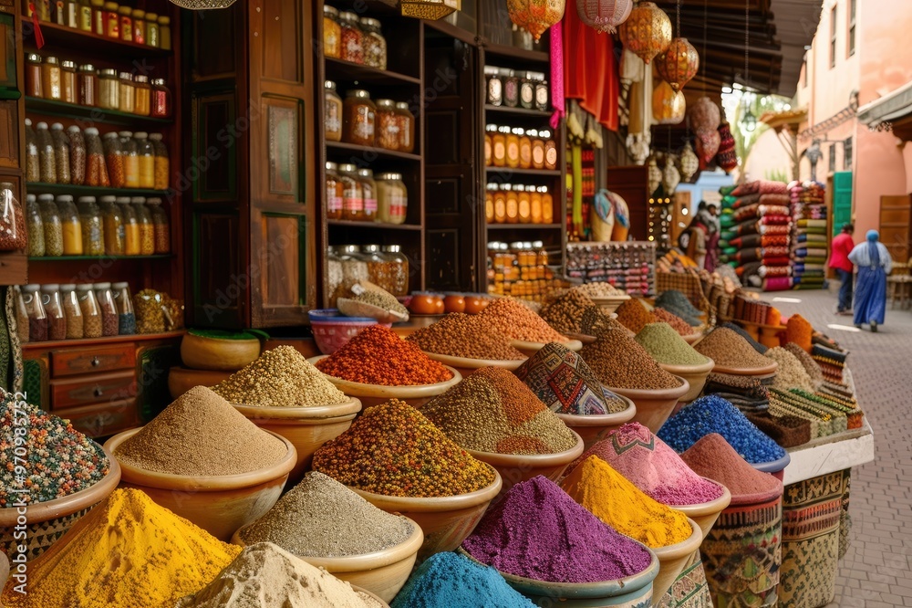 Fototapeta premium A busy market street in Marrakech complete with vibrant spices and textiles