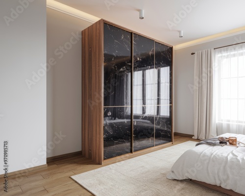 Wooden wardrobe with black marble doors in scandinavian style interior design of modern bedroom.