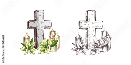 Old marble stone christ cross with with candles and lilies. Vector hand drawn isolated illustration on white background. Sketch symbol of Jesus, death, cemetery, christianity, religion, faith