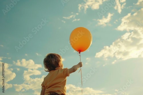 A child is holding a balloon on a string. Air balloon on the background of the sky. Rise to the sky. Light, weightless. Holiday concept. Happy Birthday- an inscription on a balloon. Great mood. Dream.