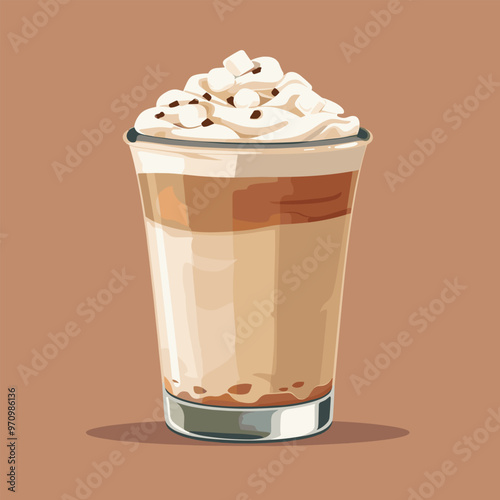 Illustration of a delicious iced coffee with whipped cream on brown background