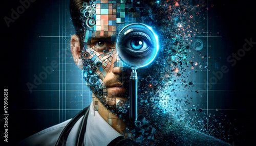 Digitaler forensischer Analyst untersucht verschlüsselte Datenströme mit Lupe in der Hand, holographische Anzeige, Forensik, Untersuchung von Cyberkriminalität.