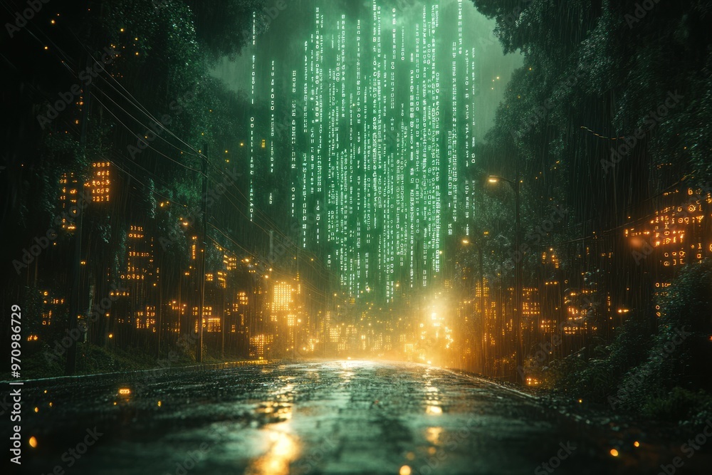 Naklejka premium Cyberpunk Cityscape with Green Code Rain