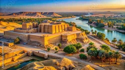 Ancient Mesopotamian ruins sprawl across the fertile Tigris River valley, featuring crumbling ziggurats, temples, and fortified city walls amidst a backdrop of golden desert landscape. photo