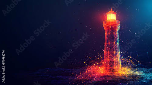 Abstract Lighthouse with Glowing Lines in a Dark Blue Background