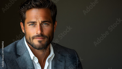 “Portrait of a Strikingly Handsome Middle-Aged Man with a Confident Expression and Well-Groomed Appearance” 