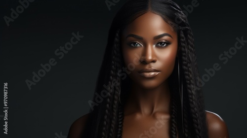 Beautiful black brunette fashion model with perfect hair on black background. Neural network ai generated art