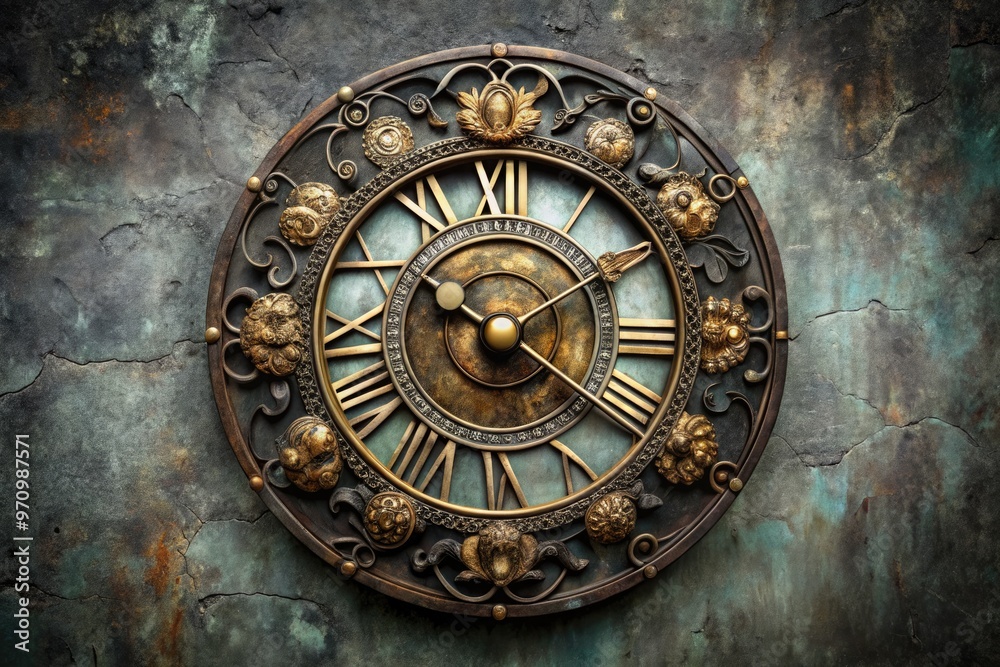 Antique ornate clock face featuring Roman numerals I to XII, intricate metalwork, and subtle worn patina, set against a muted gray background with subtle texture. Antique ornate clock face featuring Roman numerals I to XII, intricate metalwork, and subtle worn patina, set against a muted gray background with subtle texture.