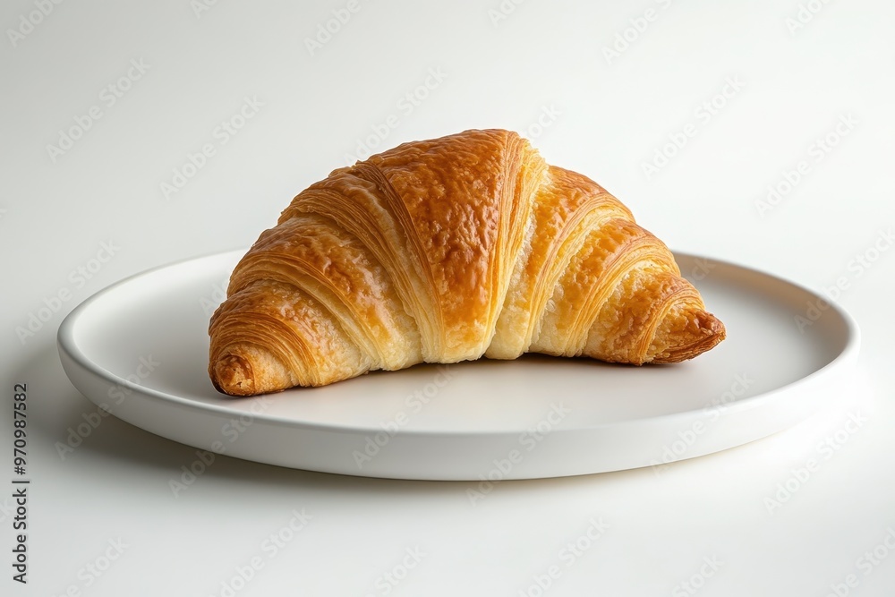 A golden, flaky croissant placed on a simple white plate. A golden, flaky croissant placed on a simple white plate.