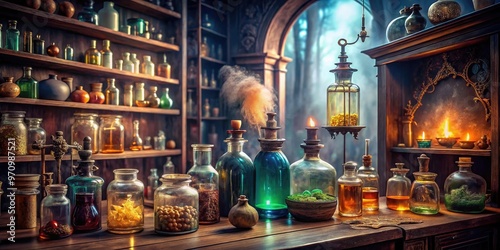 An ornate, dusty apothecary shelf displays various intricately labeled potion bottles with mystical names like 