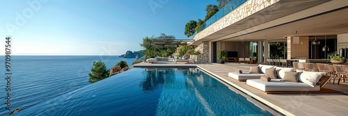 A spacious and open-plan villa featuring an infinity pool with stunning views of the sea and cliffside, designed for luxurious living with an emphasis on relaxation and views.