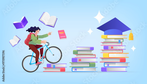 Educational journey and graduation concept. A student rides a bicycle up a staircase of books towards a graduation cap, symbolizing the path to knowledge.