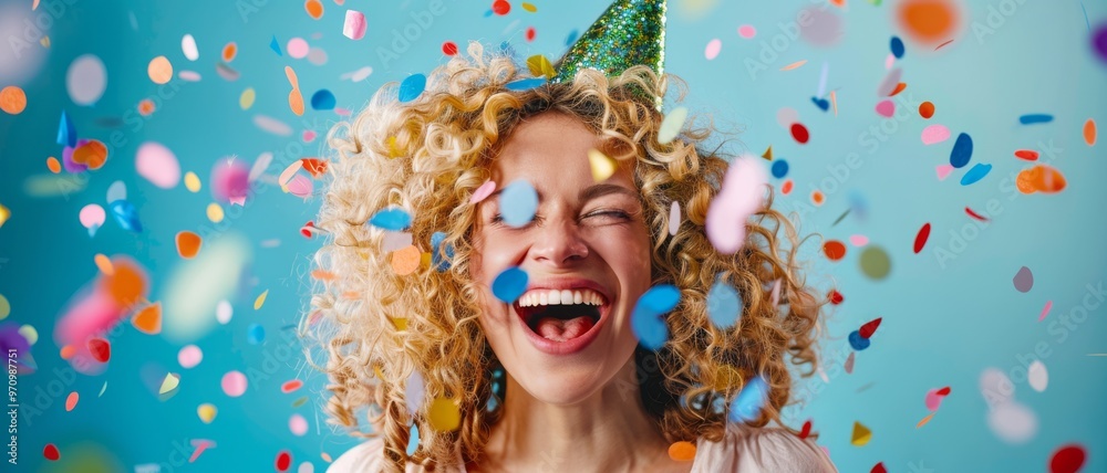 Fototapeta premium Joyful woman in a party hat, surrounded by flying confetti on a light blue background, expressing sheer happiness.