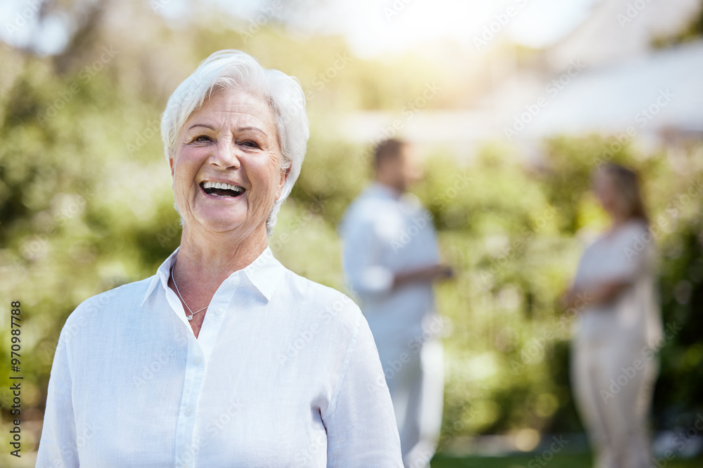 Portrait, happy and senior woman in garden with family, visit and excited for summer activity. Elderly person, laughing and outdoor at retirement village for reunion, fun day or wellness in Australia Portrait, happy and senior woman in garden with family, visit and excited for summer activity. Elderly person, laughing and outdoor at retirement village for reunion, fun day or wellness in Australia