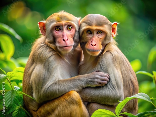 A pair of adult rhesus macaques sit closely together, embracing with tender gazes, amidst lush green foliage, epitomizing intimate bonding and primitive affection. photo