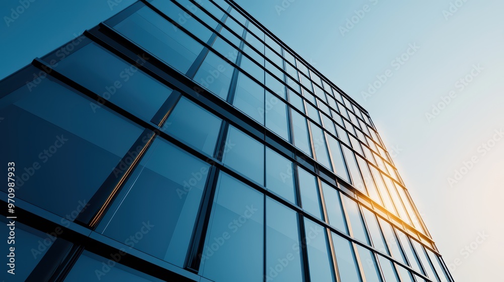Modern Glass Office Building with Reflective Windows and Sunlight Modern Glass Office Building with Reflective Windows and Sunlight