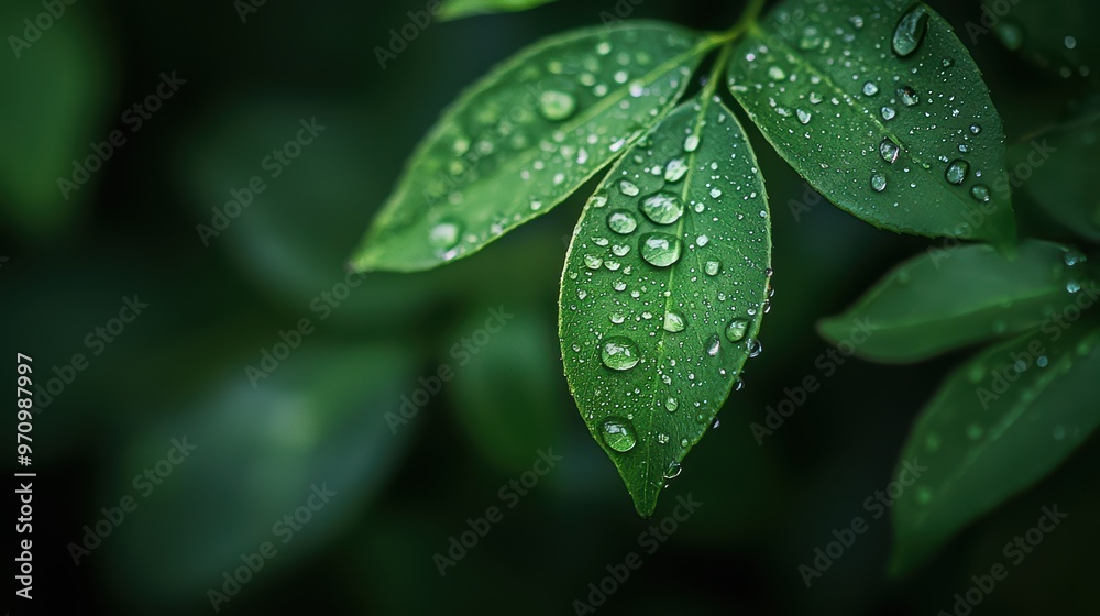 Close-up of Fresh Green Leaves with Water Droplets in a Lush Natural Environment Close-up of Fresh Green Leaves with Water Droplets in a Lush Natural Environment