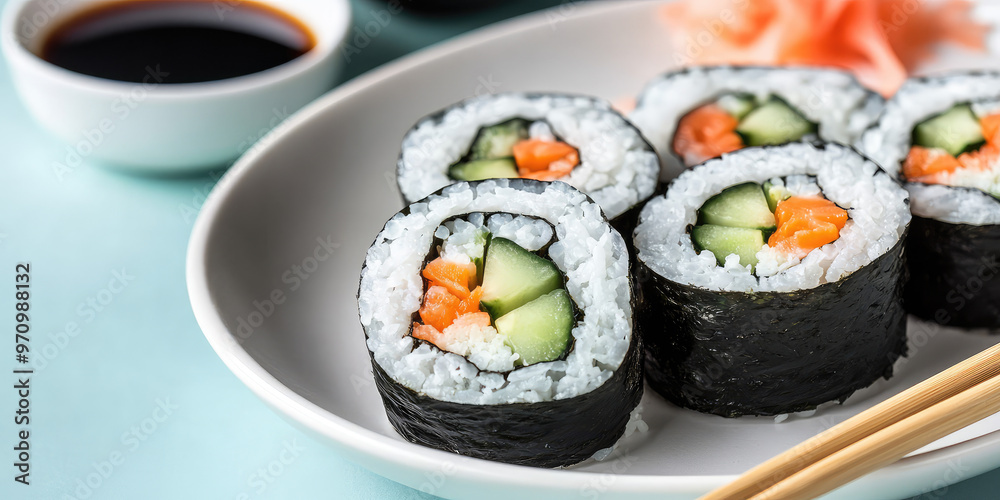 Japanese Sushi roll with cucumber, soy sauce bowl, chopsticks on color background with shadow and copy space Japanese Sushi roll with cucumber, soy sauce bowl, chopsticks on color background with shadow and copy space