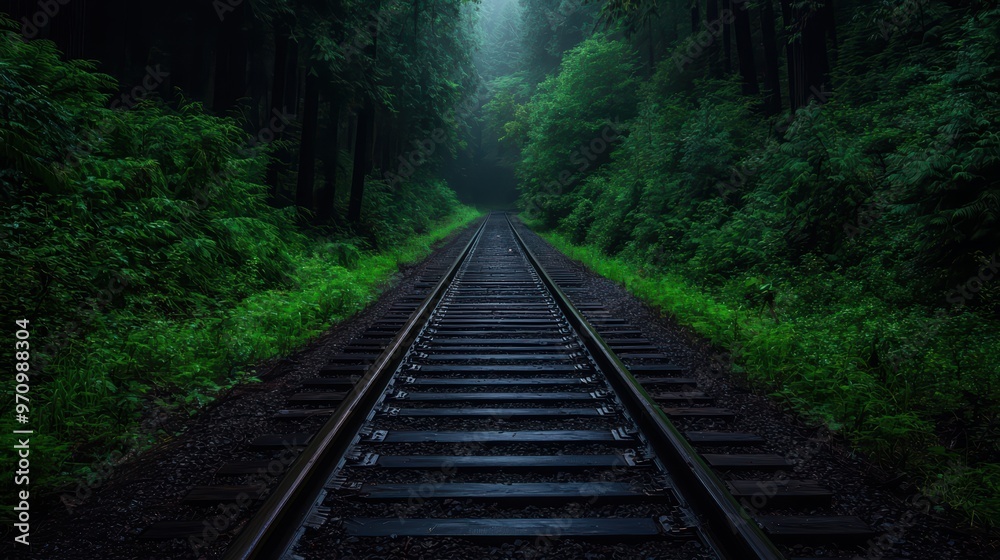 Enchanting Forest Railway Track Surrounded by Lush Greenery on a Misty Day Enchanting Forest Railway Track Surrounded by Lush Greenery on a Misty Day