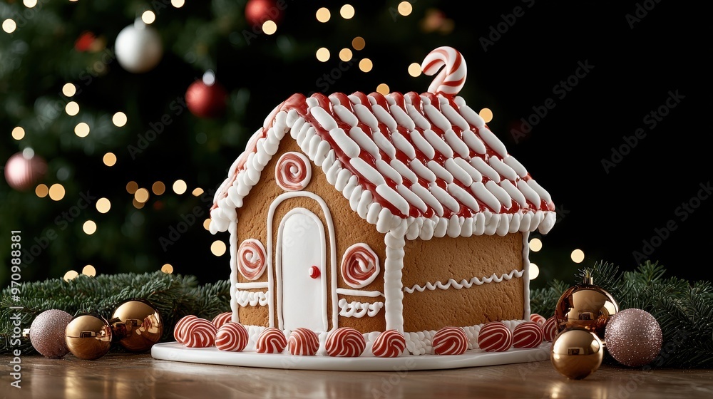Whimsical Holiday Scene: Gingerbread House by Christmas Tree | Cozy Festive Decor Setting for Xmas Celebration