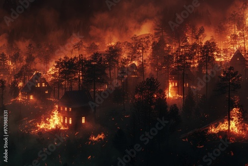 Intense wildfire consuming forest and homes at night, illuminating the sky with flames and smoke