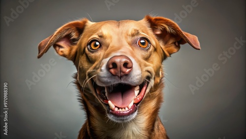 A playful brown dog with a goofy grin shows off its surprisingly human-like teeth, complete with straight incisors and canines, in a humorous portrait. photo