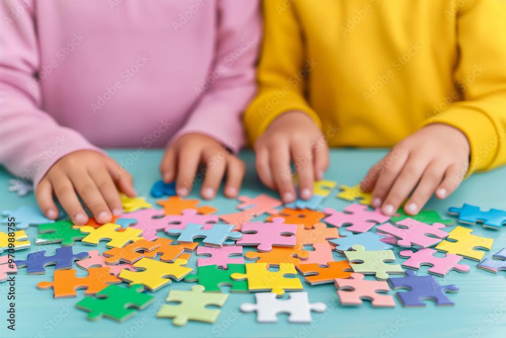 Fototapeta premium Two children's hands are playing with colorful jigsaw puzzle on a table, education games concept. A boy and a girl doing a mock-up for a learning activity at home or school.