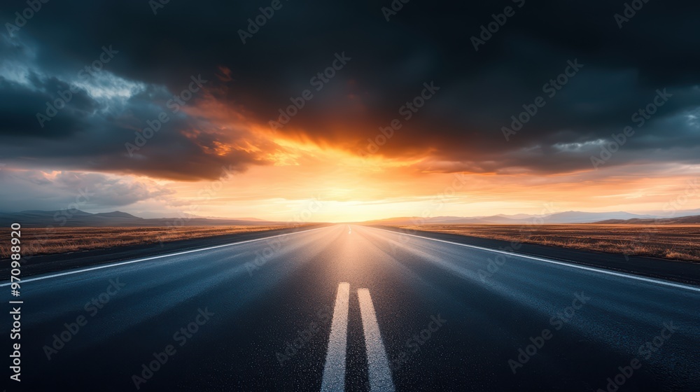 Dramatic Sunset Over an Empty Highway with Dark Clouds and Vibrant Sky Dramatic Sunset Over an Empty Highway with Dark Clouds and Vibrant Sky