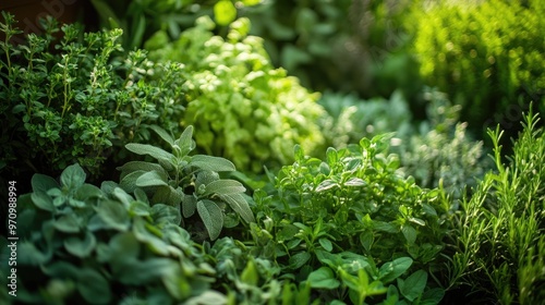 Lush Garden Herbs, Focus on Intricate Textures and Varied Greens photo