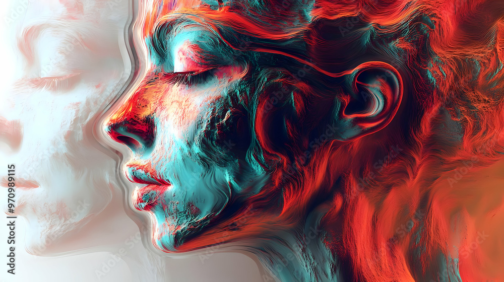 Abstract Face with Vibrant Red and Blue Hues, Shifting and Flowing in a Digital Art Style Abstract Face with Vibrant Red and Blue Hues, Shifting and Flowing in a Digital Art Style