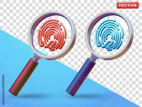 Magnifying glass and fingerprint, 3d vector. Suitable for security and design elements