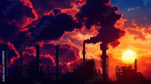 Dramatic sunset over an industrial skyline, showcasing smoke and factories silhouetted against vibrant clouds.