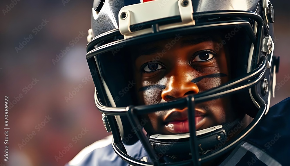 Superbowl, American football player closeup, athlete wearing uniform and safety helmet, Head shot of a football player, sports and game concept, football player, created with generative ai Superbowl, American football player closeup, athlete wearing uniform and safety helmet, Head shot of a football player, sports and game concept, football player, created with generative ai