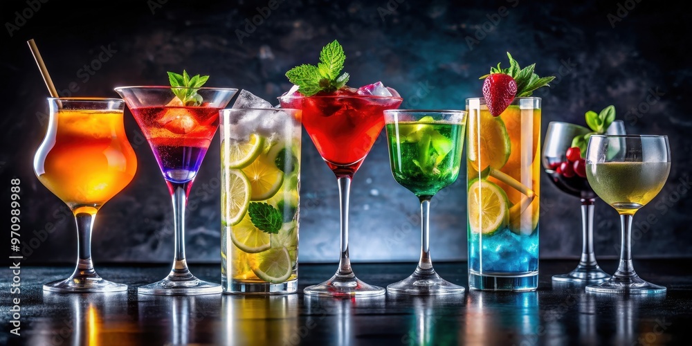 Vibrant cocktails in various shaped glasses, colorful, bright, alcohol, drink, refreshing, summer, party, celebration Vibrant cocktails in various shaped glasses, colorful, bright, alcohol, drink, refreshing, summer, party, celebration