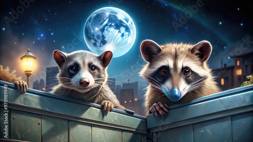 A raccoon and opossum, both wearing miniature surgical masks, peek out from behind a dumpster, their curious eyes gleaming in the moonlit urban landscape. photo