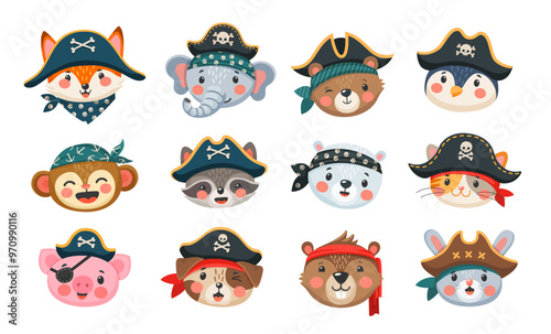 Cartoon animal pirates and corsairs. Sailor, captain, skipper and boatswain characters of cute cat, dog, fox and bunny with pirate costume hats, bandanas and eye patch. Funny monkey and bear corsairs