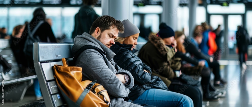 Travelers rest on a row of benches at an airport terminal, some dozing off, capturing the stillness amidst the hustle of journeys and destinations. Travelers rest on a row of benches at an airport terminal, some dozing off, capturing the stillness amidst the hustle of journeys and destinations.