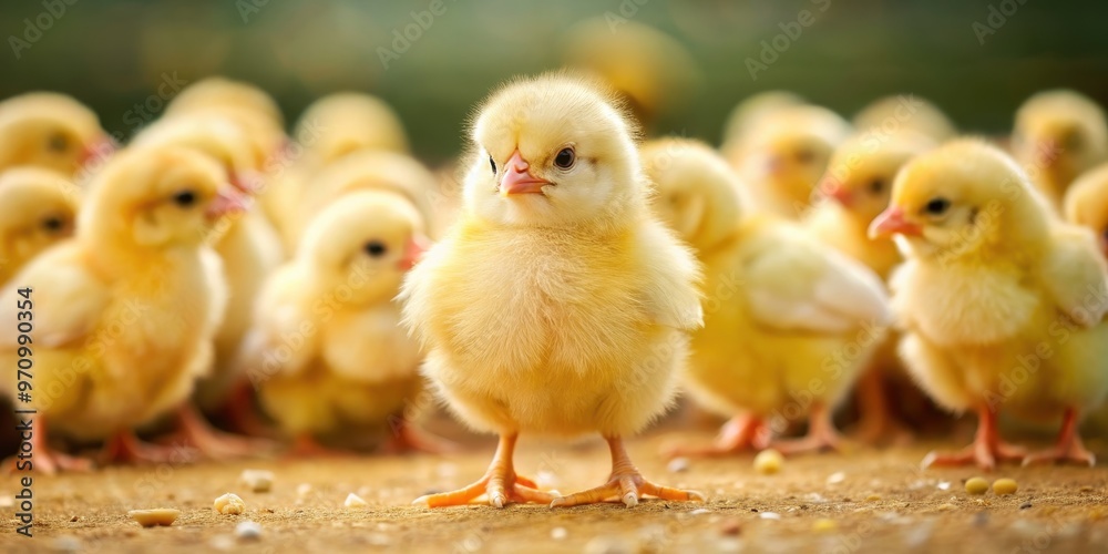 Cute little yellow chick standing out among a group of chickens on a farm, chicken, farm, agriculture, rural, livestock, poultry Cute little yellow chick standing out among a group of chickens on a farm, chicken, farm, agriculture, rural, livestock, poultry