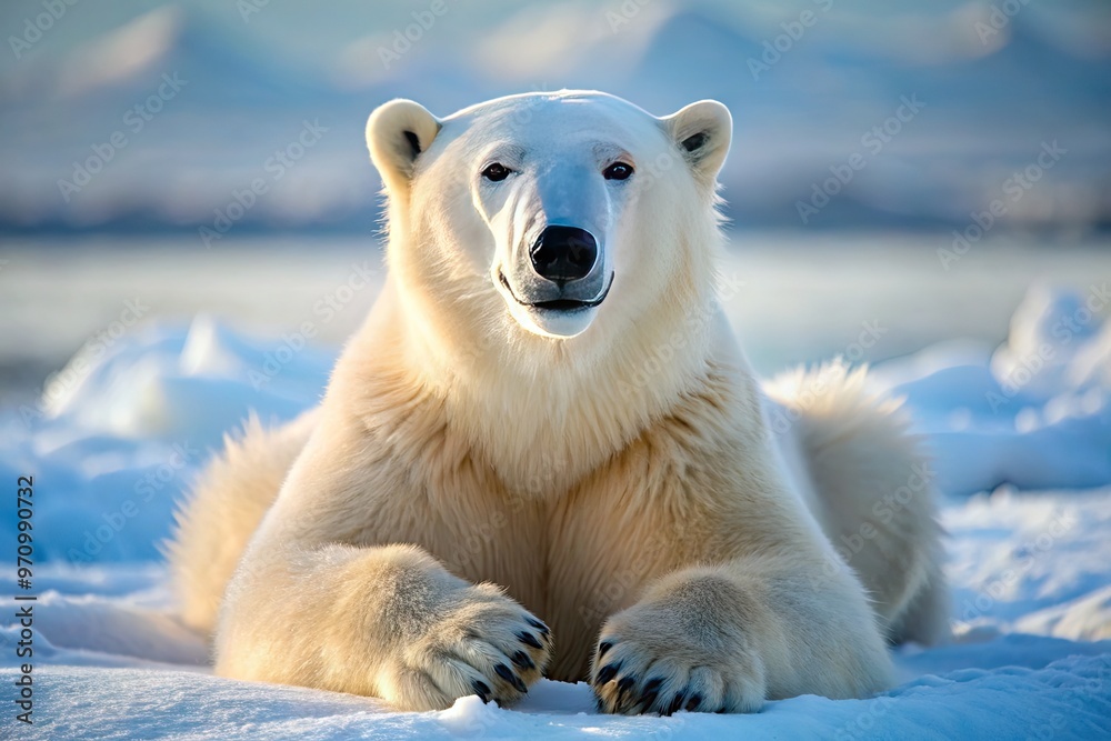 A rugged Arctic predator reveals a surprisingly gentle side, showcasing a Heartwarming and playful smile, paws curled up in relaxed pose amidst icy landscape. A rugged Arctic predator reveals a surprisingly gentle side, showcasing a Heartwarming and playful smile, paws curled up in relaxed pose amidst icy landscape.