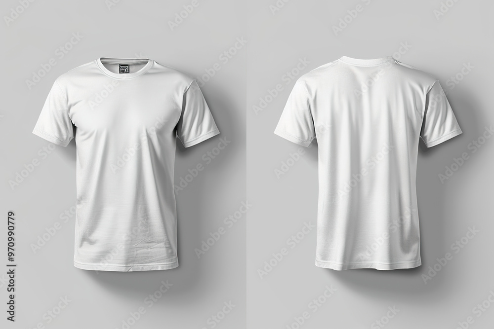 Two white t-shirts are displayed side by side., Two white t-shirts are displayed side by side.,