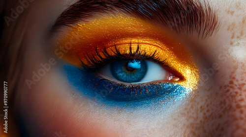 Close-Up of Blue Eye with Orange and Gold Glitter Eye Shadow, Close-Up Beauty Shot, Vibrant Colors, Eye Makeup, Beauty, Close-Up