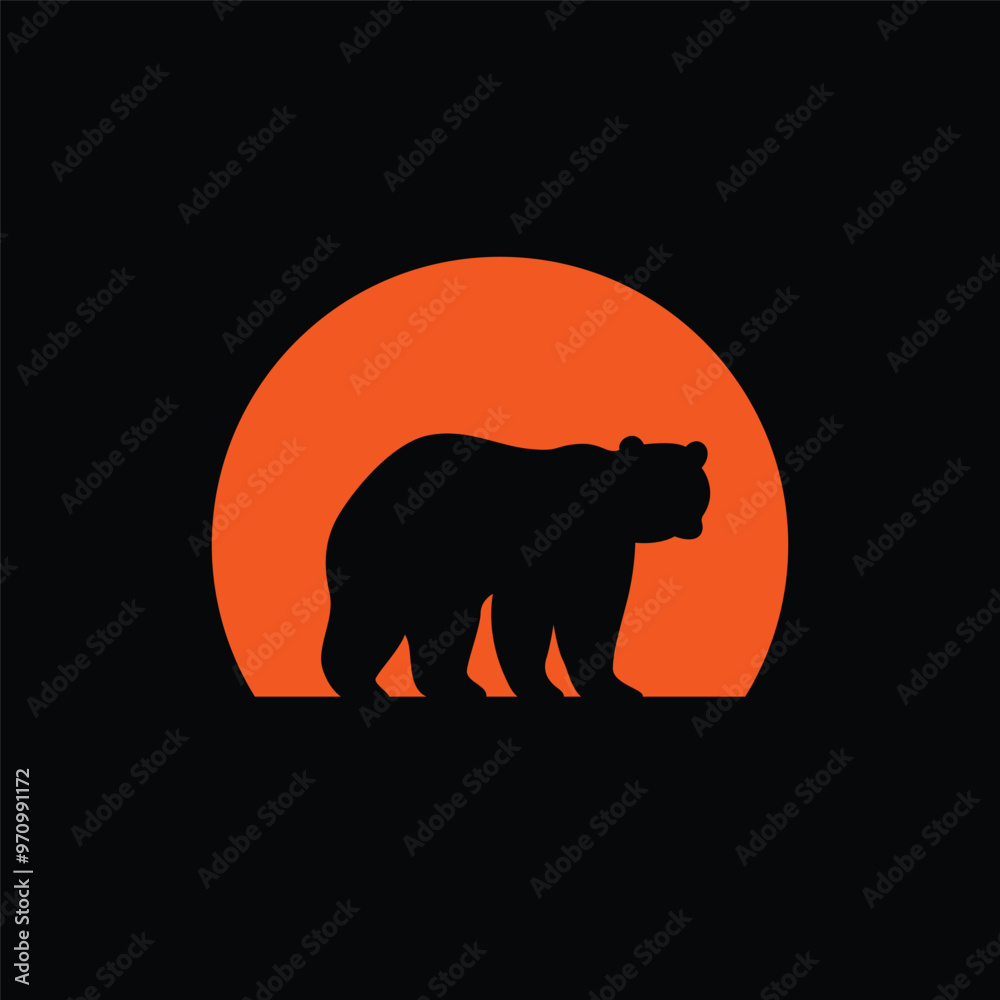 Obraz premium Silhouette of a bear against a striped retro sunset. Original vector illustration in vintage style isolated on light background. T-shirt design.