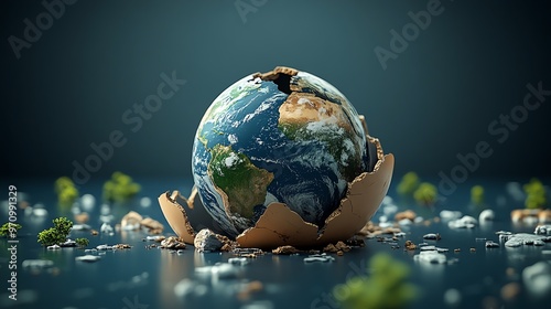 A cracked earth globe emerging from an eggshell, symbolizing new beginnings and environmental awareness. photo