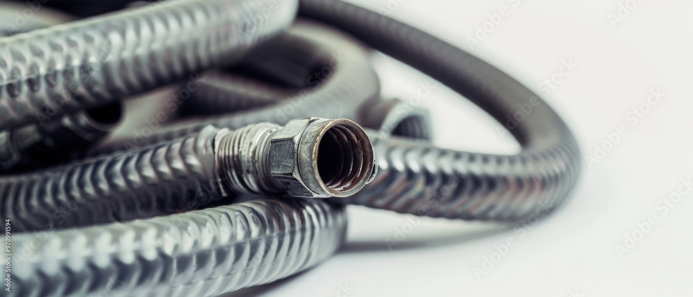 Fototapeta premium Close-up of metallic flexible hoses coiled in a loop, showcasing industrial textures against a clean background.