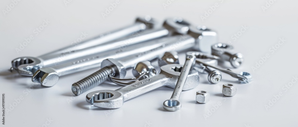 An assortment of gleaming silver wrenches and nuts are artfully arranged, capturing the industrial essence of tools and craftsmanship. An assortment of gleaming silver wrenches and nuts are artfully arranged, capturing the industrial essence of tools and craftsmanship.
