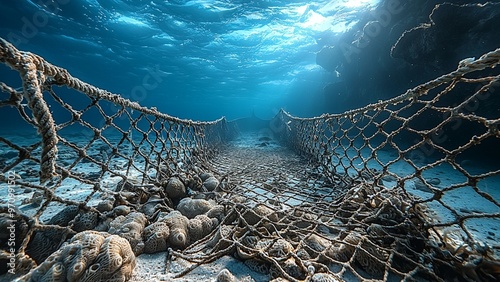 Fishing boat with large nets, show overfishing’s impact on marine life.
