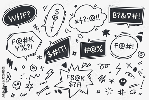 Comic swear speech bubbles with angry bad words and curse. Vector text boxes, hate speech bubbles, rude talk balloons, aggressive scream exclamations or shout clouds with censored words and skulls