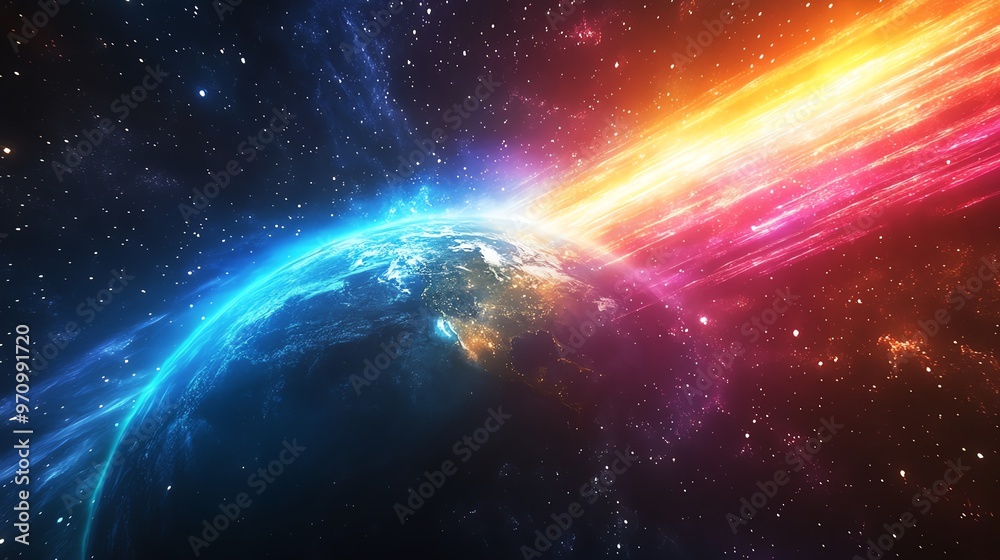 Fototapeta premium A stunning cosmic scene depicting the Earth surrounded by vibrant energy and colorful cosmic rays in deep space.