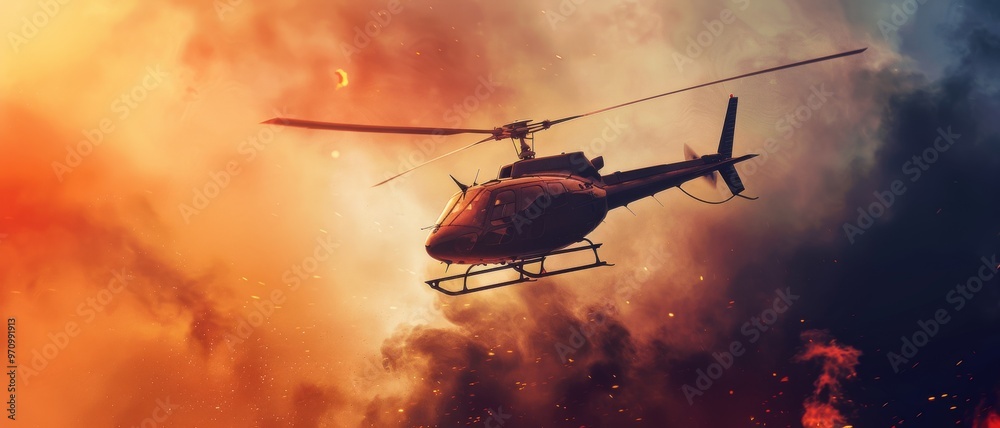 A helicopter hovers dramatically over a landscape engulfed in a fiery sunset, creating a scene of intensity and heat.