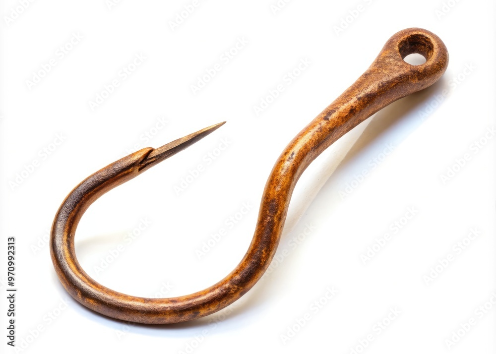 A rusty old fishing hook isolated on a white background, its curved shape and sharp barb gleaming in the light, awaiting its next catch. A rusty old fishing hook isolated on a white background, its curved shape and sharp barb gleaming in the light, awaiting its next catch.